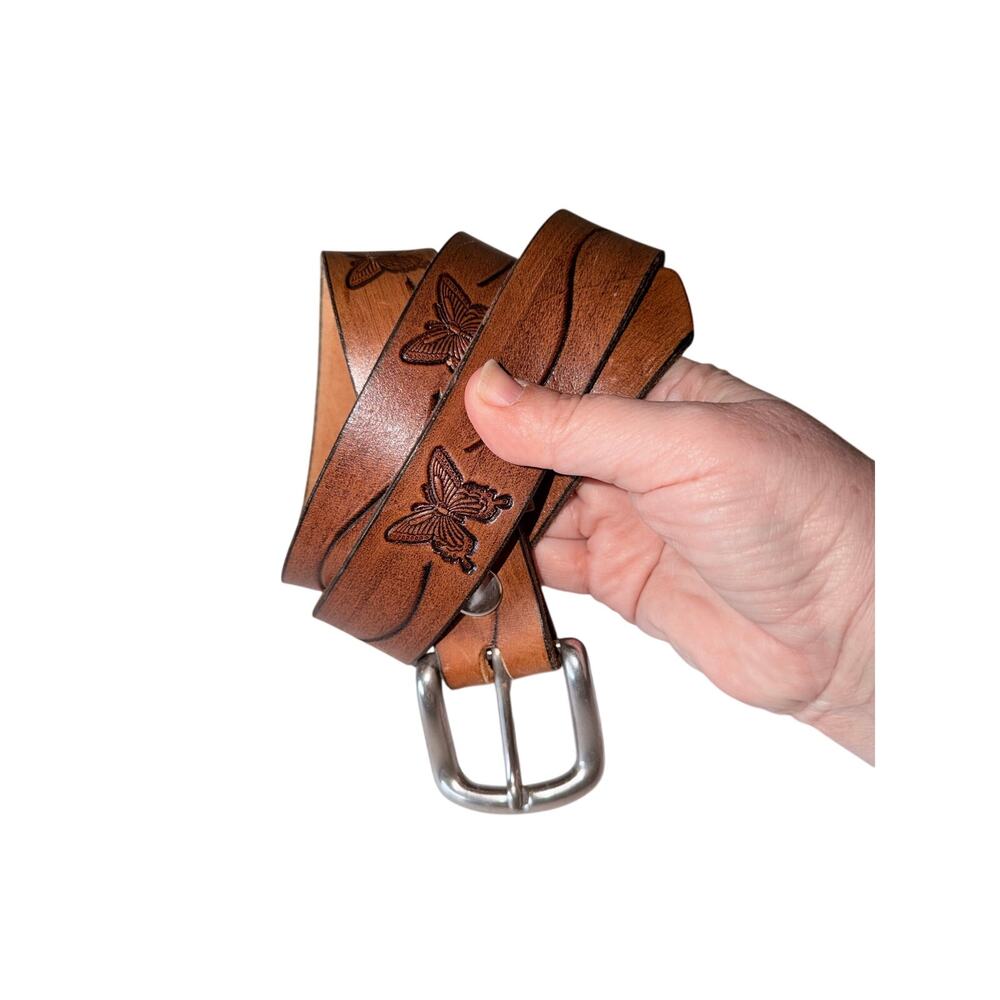 Vintage brown leather embossed butterflies belt USA made cottagecore western 38